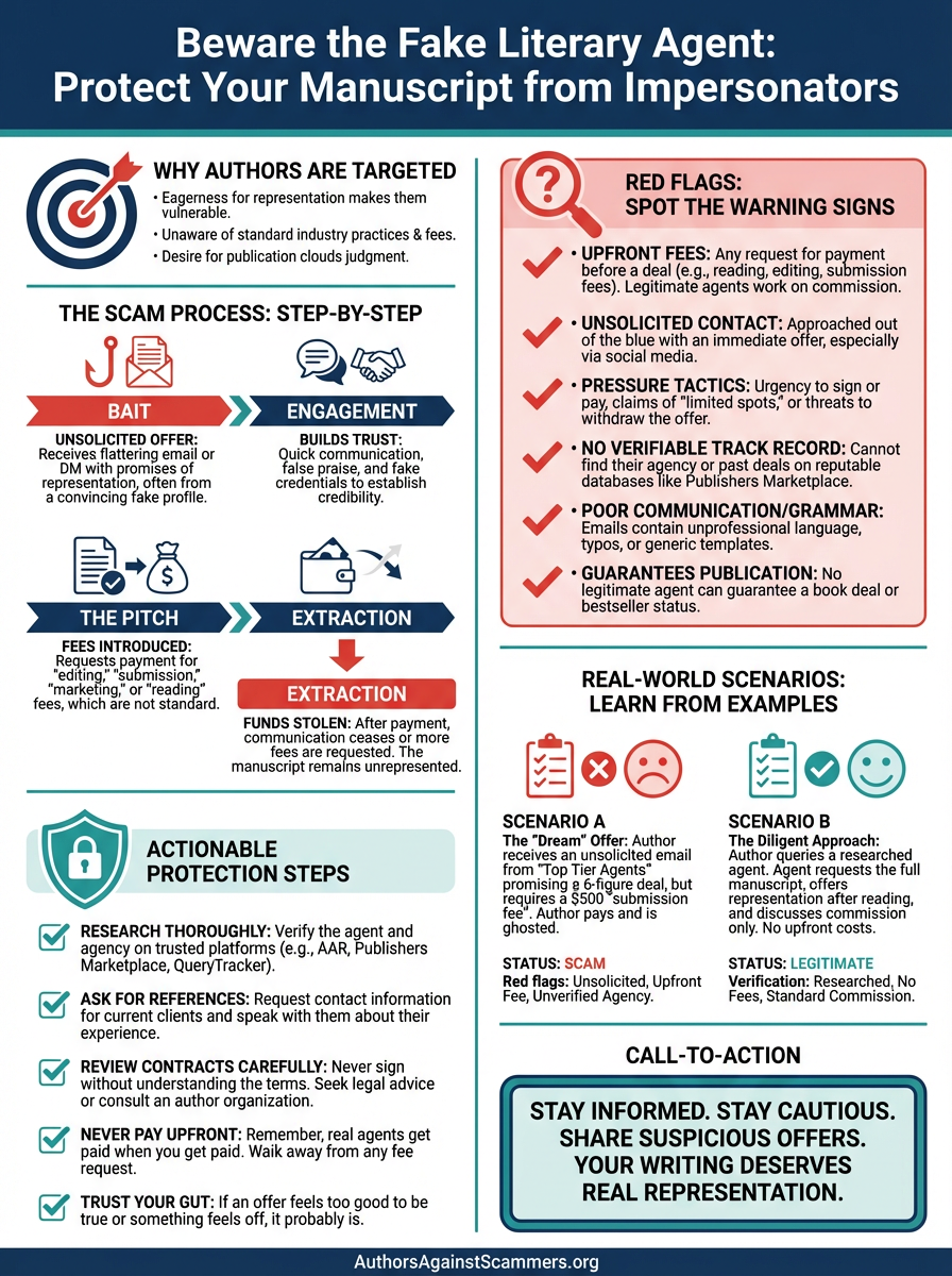 Infographic warning about fake literary agents: how to spot scams and protect your manuscript.