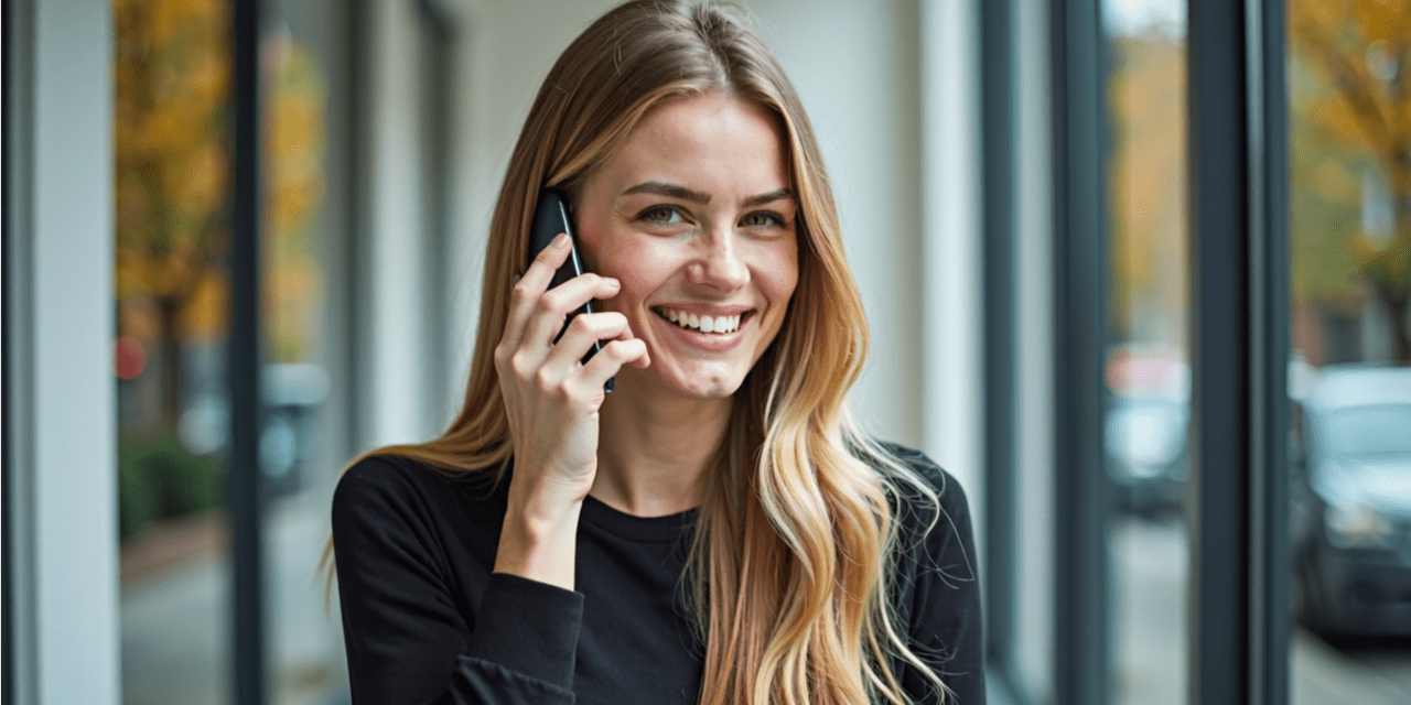 Smiling woman in a black top talks on a smartphone outside near large glass windows, fall foliage in the background.