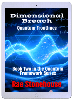 Book cover titled 'Dimensional Breach: Quantum Frontlines' with blue wave graphics and author 'Rae Stonehouse' in red at the bottom on a tablet screen.