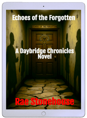 Book cover: Echoes of the Forgotten — A Daybridge Chronicles Novel by Rae Stonehouse; a dim hallway with a cracked floor and a closed wooden door, with shadowy figures on the walls.