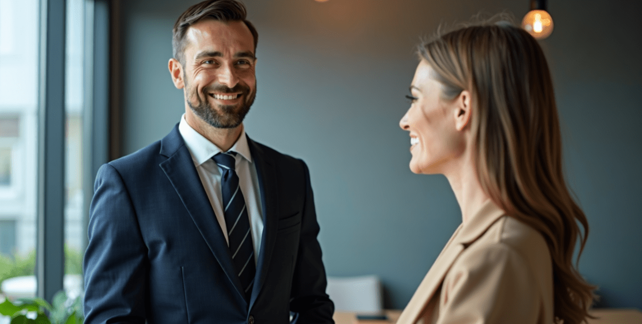 Two business colleagues, a man in a navy suit and a woman in a beige blazer, smile as they chat near a window in a modern office setting.