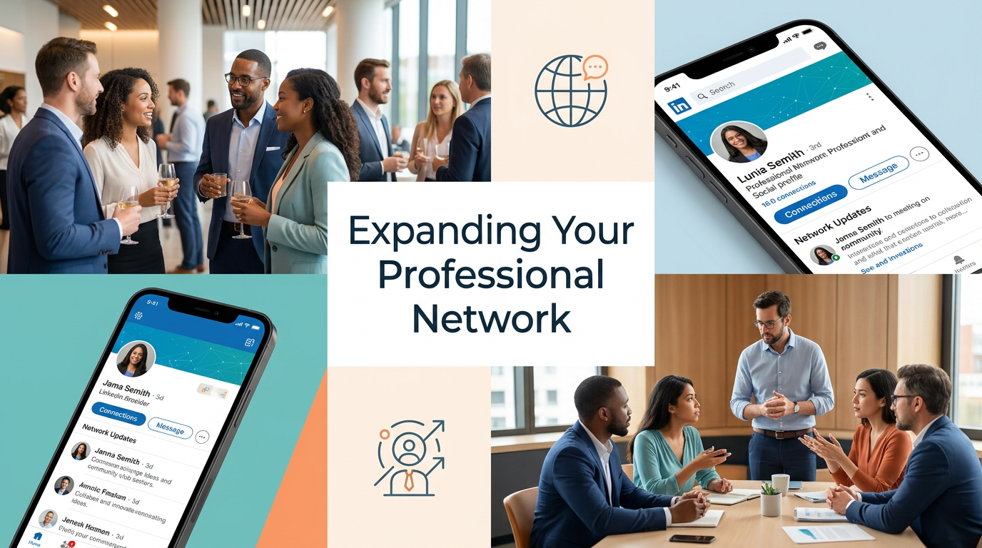 Collage of professionals networking with central message: Expanding Your Professional Network on a white card.