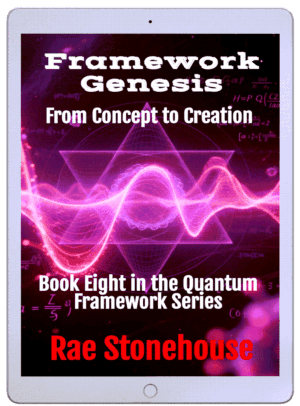Tablet displaying the book cover 'Framework Genesis: From Concept to Creation', Book Eight in the Quantum Framework Series by Rae Stonehouse.
