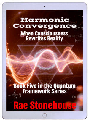 Book cover on a tablet: 'Harmonic Convergence: When Consciousness Rewrites Reality' from the Quantum Framework Series by Rae Stonehouse.