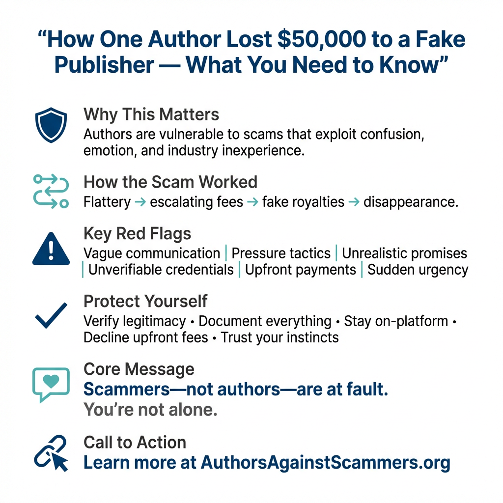 Infographic warning authors about scams by fake publishers; explains why it matters, how the scam works, red flags, and how to protect yourself.