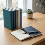 Open notebook with a fountain pen on a wooden desk, with a row of colorful books and a small plant nearby.