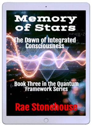Book cover: Memory of Stars — The Dawn of Integrated Consciousness, Book Three in the Quantum Framework Series by Rae Stonehouse; features abstract light waves and geometric shapes.