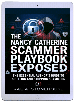 Book cover on a tablet: The Nancy Catherine Scammer Playbook Exposed by Rae A. Stonehouse, with a dark tech-themed design.