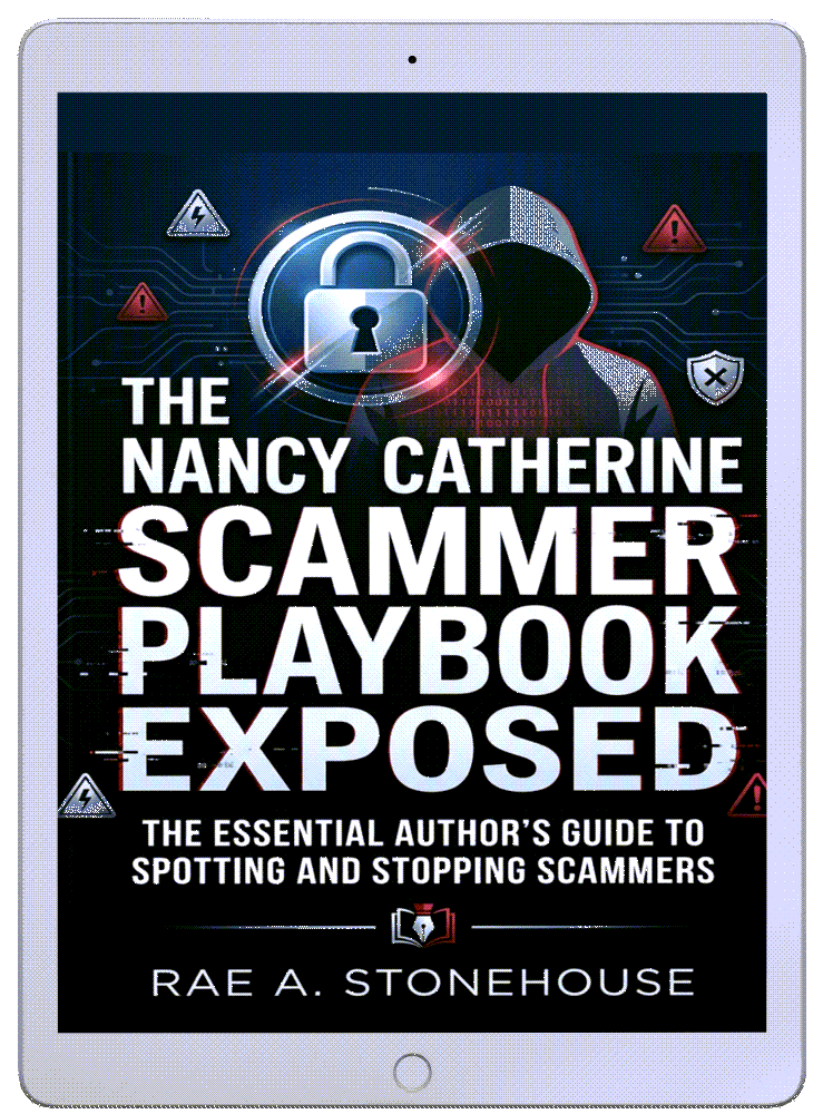 Book cover on a tablet: The Nancy Catherine Scammer Playbook Exposed by Rae A. Stonehouse, with a dark tech-themed design.