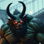 Menacing horned demon with glowing red eyes and shaggy mane, snarling under dim light.