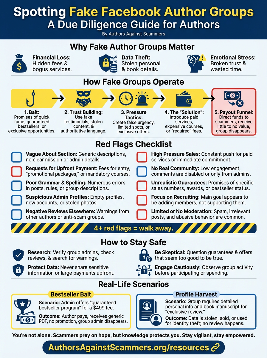 Infographic explaining how fake Facebook author groups operate, red flags to watch for, safety tips, and real-life scenarios for authors.