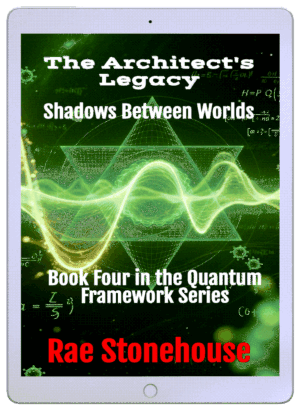 Book cover on a tablet: 'The Architect's Legacy: Shadows Between Worlds', Book Four in the Quantum Framework Series by Rae Stonehouse