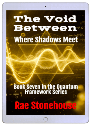 Book cover: 'The Void Between — Where Shadows Meet,' Book Seven in the Quantum Framework Series by Rae Stonehouse, with a golden wave design.