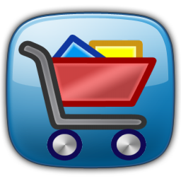 Shopping cart icon with colorful items inside, representing the shopping cart or checkout feature (button or link).