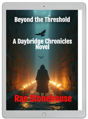 Book cover: cloaked figure walking down a torch-lit stone corridor toward a blue-green opening, with the title 'Beyond the Threshold' and 'A Daybridge Chronicles Novel' by Rae Stonehouse in white and red text.