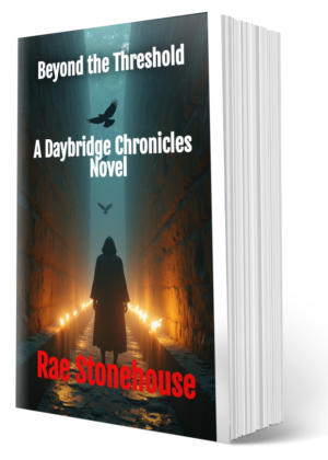 Book cover for 'Beyond the Threshold: A Daybridge Chronicles Novel' by Rae Stonehouse, showing a cloaked figure walking through a torch-lit canyon with birds overhead.