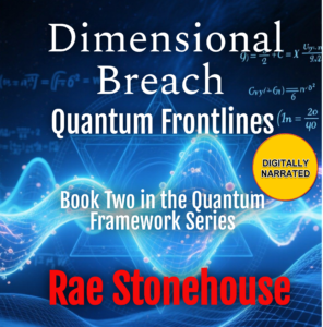 Dimensional Breach Audiobook cover - Live For Excellence Book Store Cover image for a sci‑fi book: large white title'Dimensional Breath Quantum Frontlines' over a blue cosmic background with a yellow circular badge reading 'DIGITALLY NARRATED' nearby.
