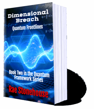 Book cover for Dimensional Breach: Quantum Frontlines, Book 2 in the Quantum Framework Series by Rae Stonehouse, featuring a blue wave design.