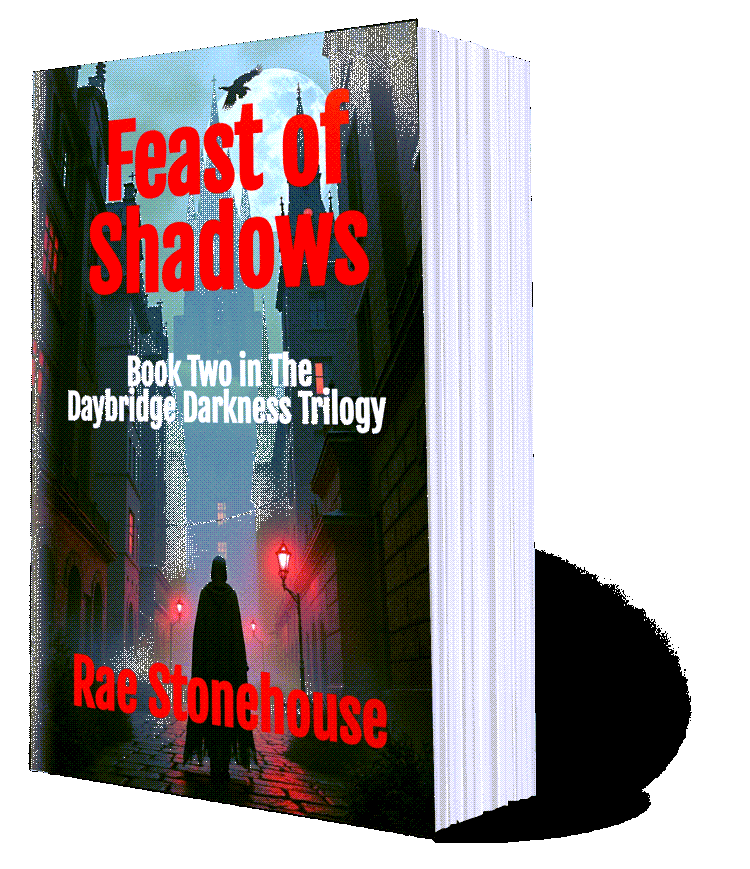 Feast of Shadows Paperback - Live For Excellence Book Store 3D book cover for "Feast of Shadows" by Rae Stonehouse, Book 2 in Daybridge Darkness Trilogy, showing cloaked figure in moonlit gothic alley.