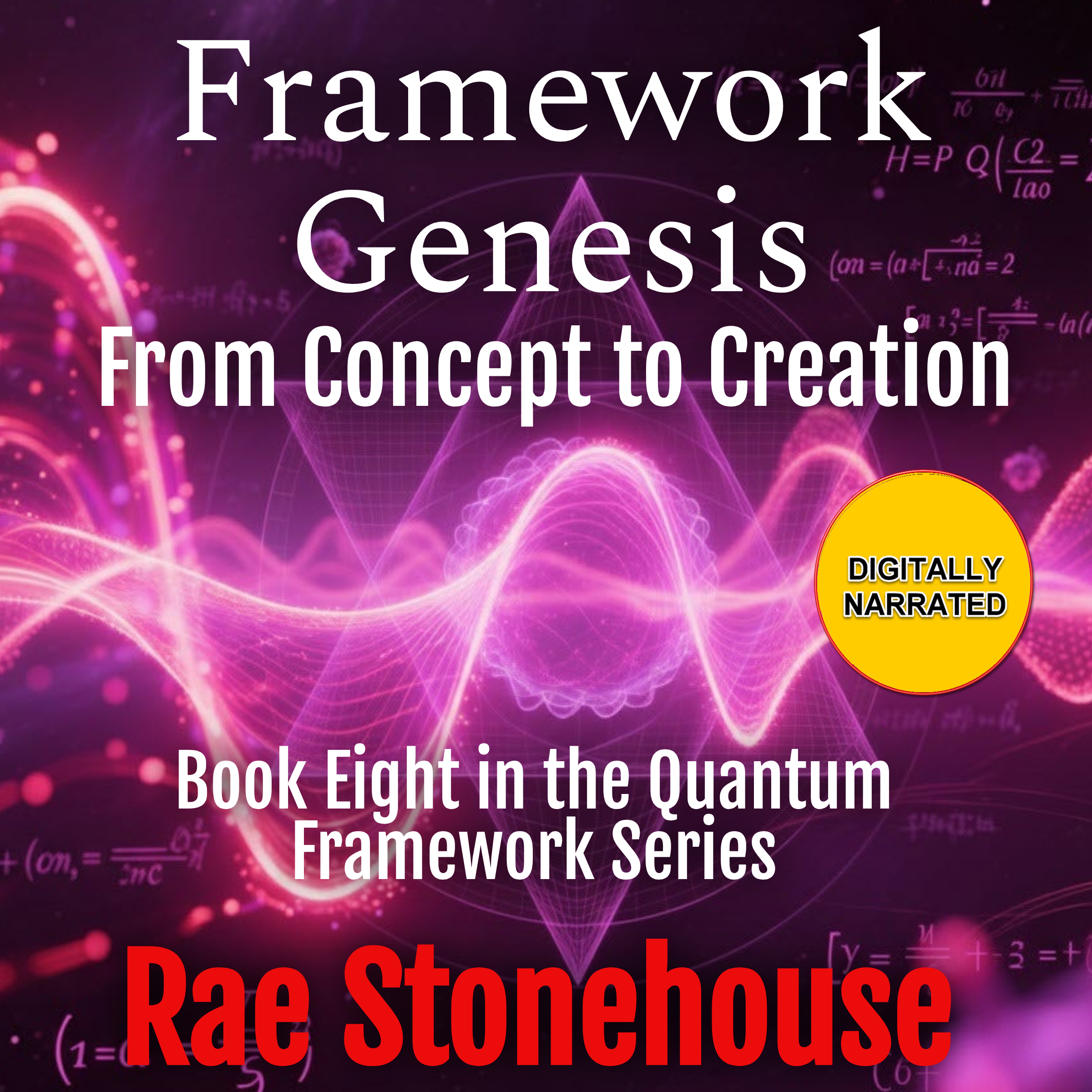 Framework Genesis Audiobook cover - Live For Excellence Book Store Purple-pink book cover with large white title: 'Framework Genesis From Concept To Creation' and a yellow 'Digitally Narrated' badge.