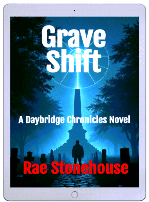 Book cover for Grave Shift by Rae Stonehouse, with a blue night cemetery scene and a silhouetted figure before a tall monument.
