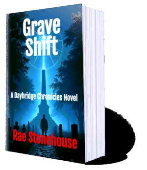 Book cover for Grave Shift: A Daybridge Chronicles Novel by Rae Stonehouse, featuring a silhouetted figure in a blue-lit graveyard scene.