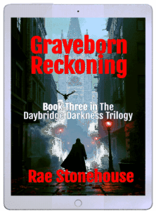 Book cover for Graveborn Reckoning by Rae Stonehouse; a hooded figure in a foggy urban alley with bold red title text.