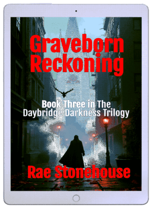 Book cover for Graveborn Reckoning by Rae Stonehouse; a hooded figure in a foggy urban alley with bold red title text.