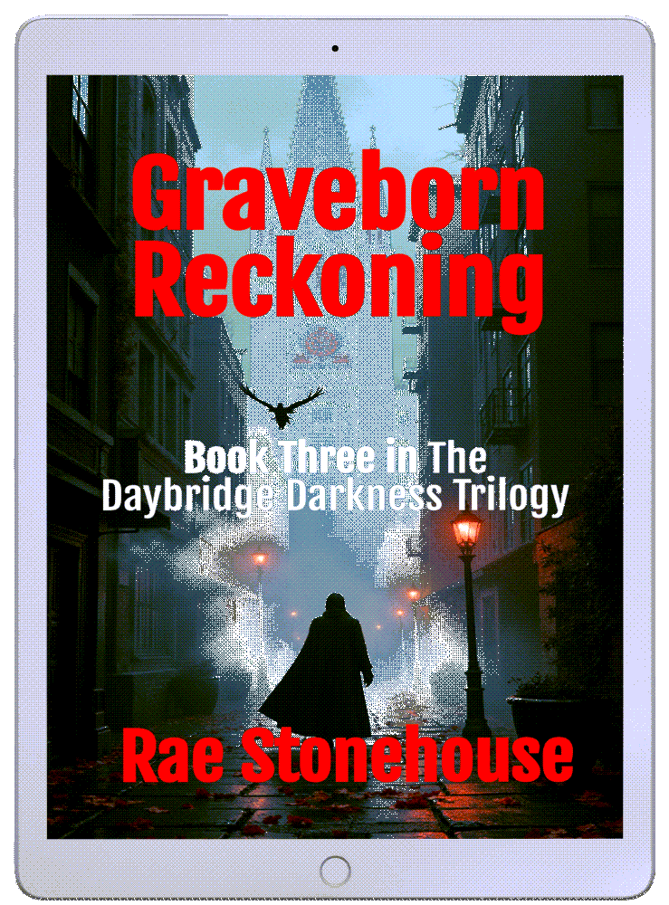 Graveborn Reckoning Ebook Cover - Live For Excellence Book Store Book cover for Graveborn Reckoning by Rae Stonehouse; a hooded figure in a foggy urban alley with bold red title text.