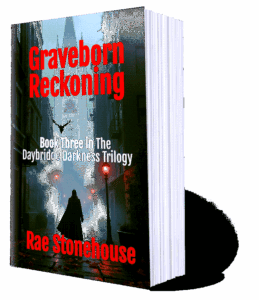 3D book cover for "Graveborn Reckoning" by Rae Stonehouse, Book 3 in Daybridge Darkness Trilogy, with dark gothic street scene.