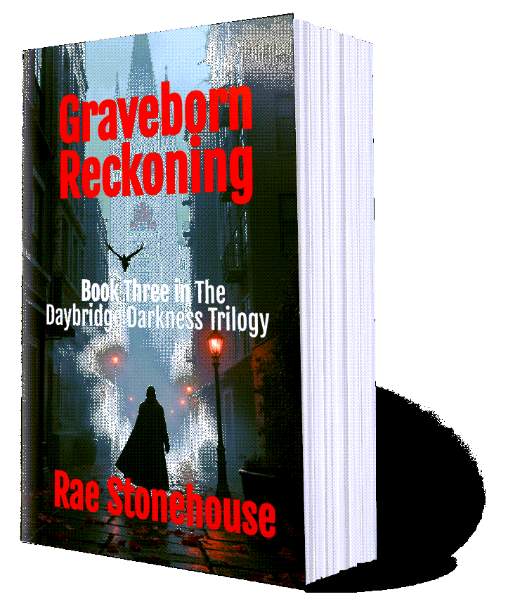 Graveborn Reckoning Book Cover - Live For Excellence Book Store 3D book cover for "Graveborn Reckoning" by Rae Stonehouse, Book 3 in Daybridge Darkness Trilogy, with dark gothic street scene.