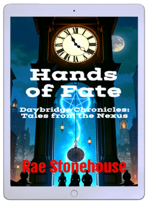 Book cover for 'Hands of Fate' by Rae Stonehouse; subtitle 'Daybridge Chronicles: Tales from the Nexus', featuring a clock tower and glowing blue portal in the background.