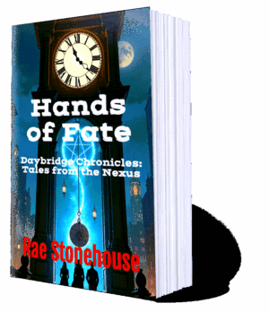 Book cover for 'Hands of Fate: Daybridge Chronicles—Tales from the Nexus' by Rae Stonehouse, showing a clock tower, moon, and a glowing blue portal with silhouettes at the bottom.
