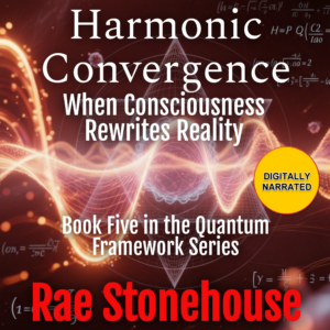 Promotional poster with the title 'Harmonic Convergence' in large white text on a science-themed maroon background and a yellow circular 'Digitally Narrated' badge.
