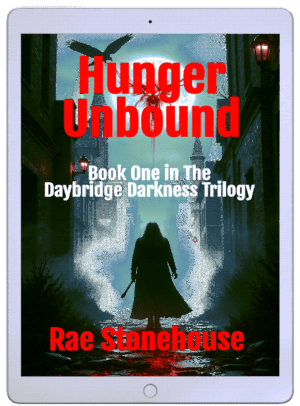 3D book cover for "Hunger Unbound" by Rae Stonehouse, Book 1 in Daybridge Darkness Trilogy, with cloaked figure holding weapon in foggy gothic street.