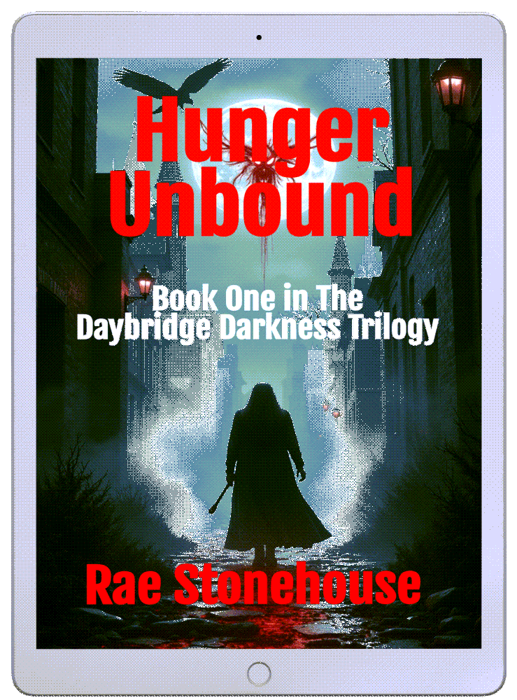 Hunger Unbound Ebook Cover - Live For Excellence Book Store 3D book cover for "Hunger Unbound" by Rae Stonehouse, Book 1 in Daybridge Darkness Trilogy, with cloaked figure holding weapon in foggy gothic street.