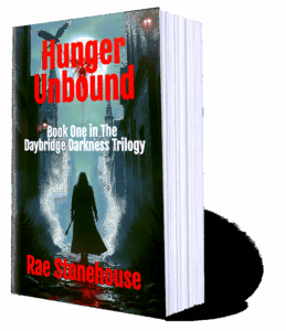 3D book cover for "Hunger Unbound" by Rae Stonehouse, Book 1 in Daybridge Darkness Trilogy, with cloaked figure holding weapon in foggy gothic street.