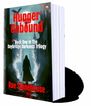 3D book cover for "Hunger Unbound" by Rae Stonehouse, Book 1 in Daybridge Darkness Trilogy, with cloaked figure holding weapon in foggy gothic street.