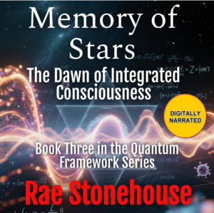 Book cover: Memory of Stars with subtitle The Dawn of Integrated Consciousness, space background and yellow Digitally Narrated badge.