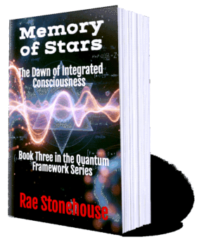Book cover titled Memory of Stars: The Dawn of Integrated Consciousness, Book Three in the Quantum Framework Series by Rae Stonehouse