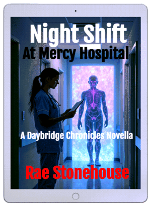 Book cover on a tablet: a nurse with a clipboard in a dim hospital hallway beside a glowing, anatomically illuminated figure; title 'Night Shift at Mercy Hospital,' subtitle 'A Daybridge Chronicles Novella,' author 'Rae Stonehouse.'
