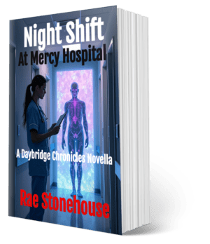 Book cover for Night Shift at Mercy Hospital: a nurse with a tablet beside a glowing holographic human figure in a hospital hallway; Rae Stonehouse.