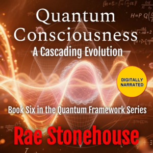 Book cover with the title 'Quantum Consciousness' over orange quantum-themed graphics, subtitle 'A Cascading Evolution', and a yellow 'Digitally Narrated' badge at the side.