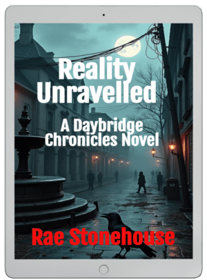 Book cover on a tablet: Reality Unravelled by Rae Stonehouse; moonlit street, raven in foreground.