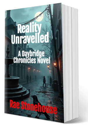 Book cover for Reality Unravelled by Rae Stonehouse, a Daybridge Chronicles novel, showing a moonlit foggy street with lampposts and a raven.