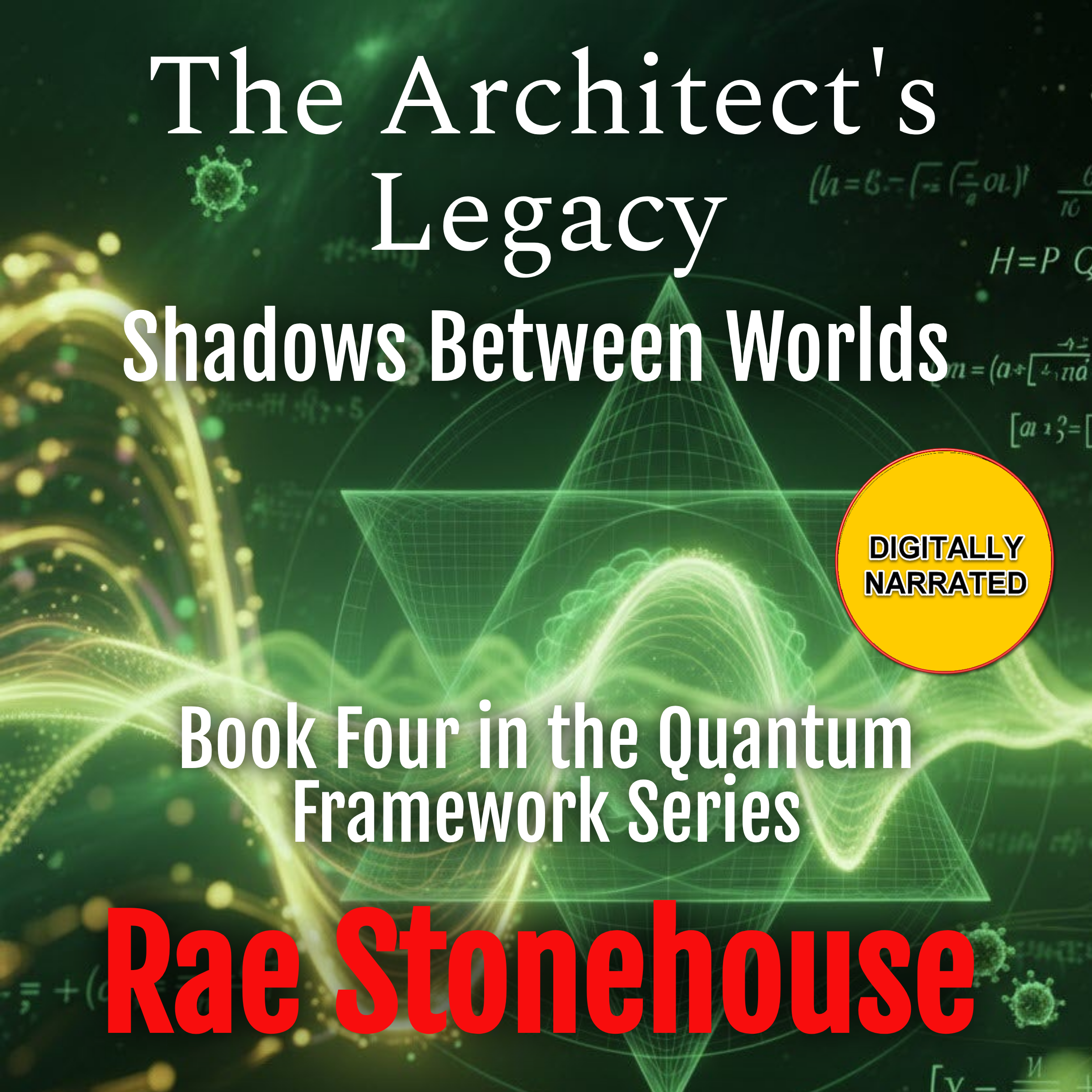 The Architects Legacy Audiobook cover - Live For Excellence Book Store Book cover featuring large white titles 'The Architect's Legacy' and 'Shadows Between Worlds' with a yellow 'Digitally Narrated' badge on the right; green abstract background.