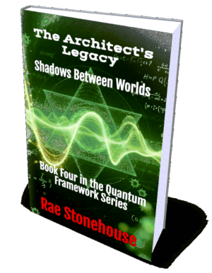 Book cover for 'The Architect's Legacy: Shadows Between Worlds'—Book 4 in the Quantum Framework Series by Rae Stonehouse, with green wave graphics on a dark background.