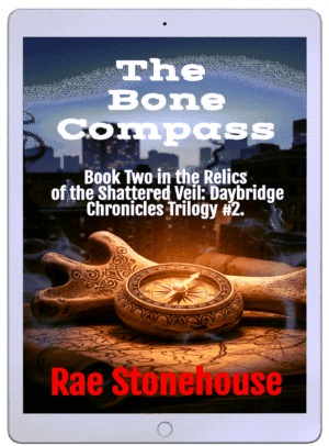 Book cover for 'The Bone Compass' showing a compass on a map with a city skyline at dusk; Rae Stonehouse author.