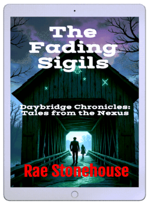 Book cover titled 'The Fading Signals' by Rae Stonehouse, showing a silhouetted couple walking through a covered bridge at dusk.”