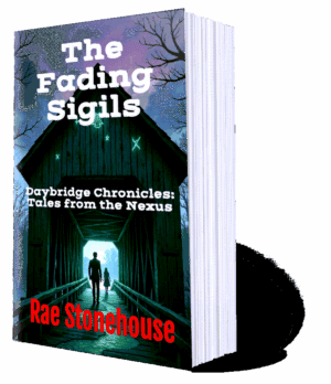 Book cover: The Fading Sigils by Rae Stonehouse, dark bridge fantasy art with silhouettes at night.